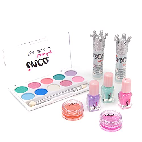 Estuche maquillaje y manicura para niñas. Neceser de unicornio. Kit de Maquillaje con sombras de ojos y lip balms + Set de manicura niña. Nó tóxico. Marca INCA