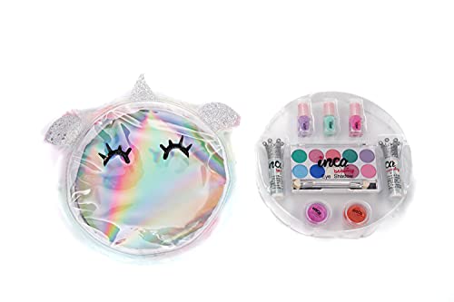 Estuche maquillaje y manicura para niñas. Neceser de unicornio. Kit de Maquillaje con sombras de ojos y lip balms + Set de manicura niña. Nó tóxico. Marca INCA