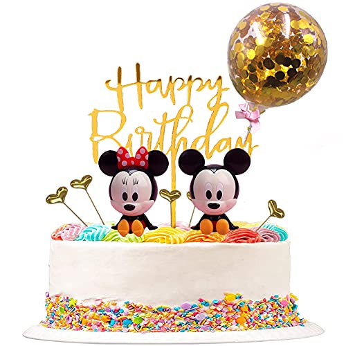 FANDE Decoracion para Tartas, 9 piezas Tarta de Mickey de Cumpleaños Globo de Confeti Happy Birthday Topper Estrellas para Fiestas, Bodas, Aniversarios, Niños