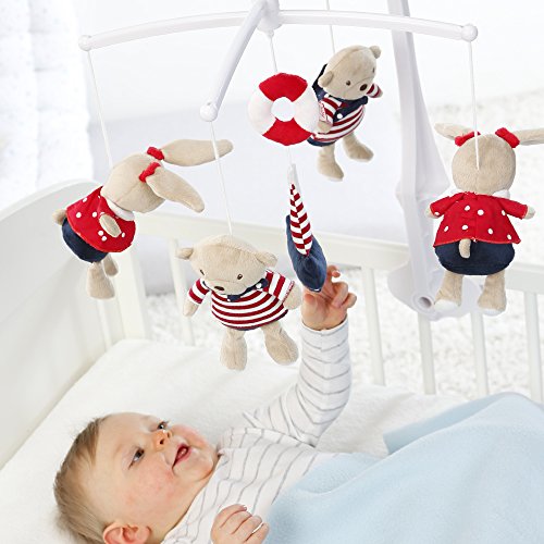 Fehn 078190 Móvil musical Ocean Club, caja de música móvil con peluches, Melodía "Der Mond ist aufgegangen", Para colocar en la cama de los bebés de 0 a 5 meses, Altura: 65 cm, diámetro 40 cm