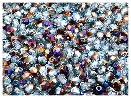 Fire-Polished Beads, 4 mm, 100 piezas, cuentas de vidrio facetadas redondas checas, pulido al fuego, Aquamarine Zairit (rainbow azuro on light blue transparent)