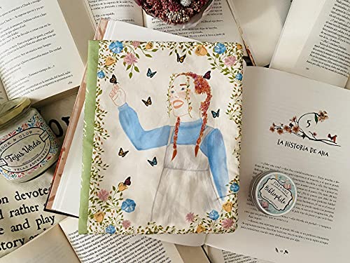 Funda artesanal mediana tipo bolso para libros y tablets de ANA DE LAS TEJAS VERDES + marcapáginas de regalo, funda de algodón ecológico, acolchada. Regalo ideal para adolescentes