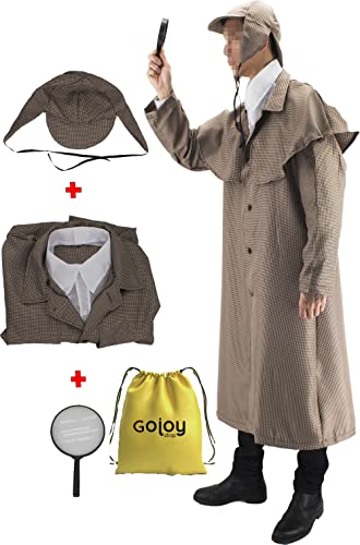 Gojoy Shop- Disfraz de Sherlock Detective para Niños y Niñas Halloween,Carnaval. (Contiene : Gorro,Gabardina,Cuello Y Lupa , 4 Tallas Diferentes) (7-9 años)