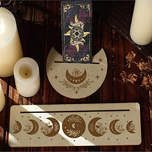 GORGECRAFT 2 Soporte para Tarjetas de Madera para Tarot 5" en Forma de Luna Y 10" Tarjetas Rectangulares de Madera para Tarot, Soporte para Exhibición de Altar (Fase Lunar Y Flor)