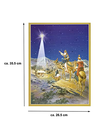 Grand Calendrier de l'Avent 24 portes 355 x 260 mm - 3 Wise Men Nativité - Translucide avec paillettes et Windows Bible versets Derrière les portes - rs759 - Design Antique Allemand traditionnel