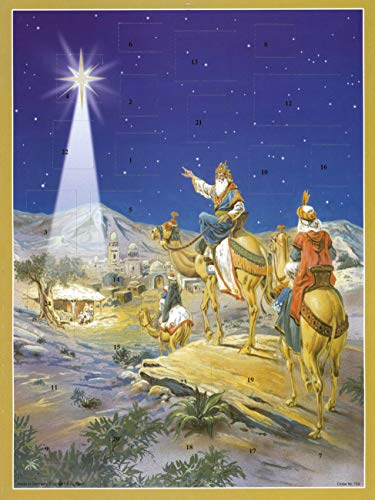 Grand Calendrier de l'Avent 24 portes 355 x 260 mm - 3 Wise Men Nativité - Translucide avec paillettes et Windows Bible versets Derrière les portes - rs759 - Design Antique Allemand traditionnel