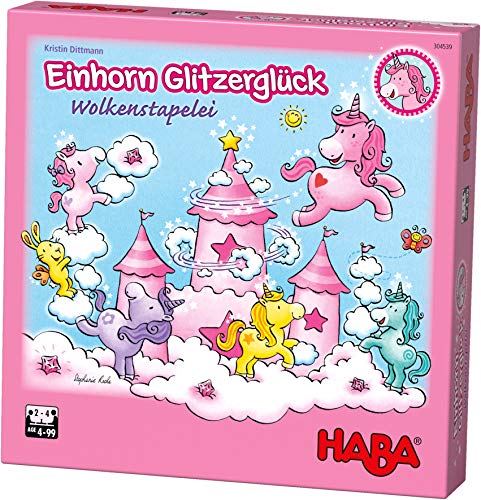 HABA 304539 – Unicornio de la Suerte con Purpurina, apilable, Juego de apilamiento con Unicornios y Nubes de Madera, Juego a Partir de 4 años