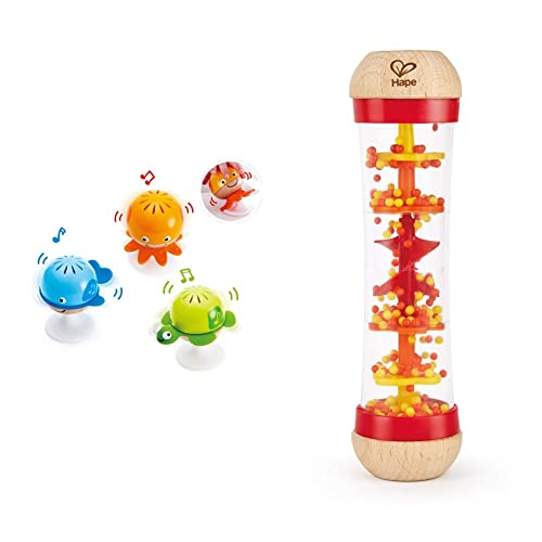 Hape Juego de Sonajeros Adhesivos, Tres Juguetes Sonajeros Adhesivos de Animales Marinos + Hape Palo de Lluvia, Mini Juguete Musical de Madera Palo de Lluvia y Sonajero, Rojo