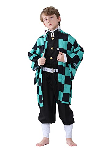 Heionia 6PCS Nezuko Tanjiro Cosplay Disfraz para Niños Niñas Demon Manga Cosplay Disfraces Trajes Kimono Capa Accesorios para Carnaval Halloween Fiestas