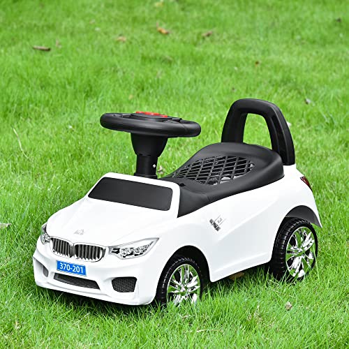 HOMCOM Coche Correpasillos para Niños de 18-36 Meses con Faros Música Bocina Volante Espacio de Almacenaje y Asa para Empujar 63,5x28x36 cm Blanco