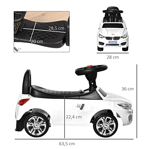 HOMCOM Coche Correpasillos para Niños de 18-36 Meses con Faros Música Bocina Volante Espacio de Almacenaje y Asa para Empujar 63,5x28x36 cm Blanco