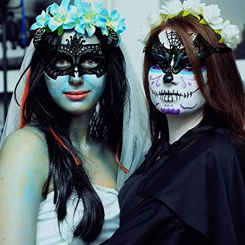 HOWAF 7 Pcs de Máscaras venezianas de Halloween, Elegante máscaras de Renda preta máscaras orelhas Gato máscara de Carnaval Sexy para Mulheres para Halloween Carnaval Festa de dança disfarces Cosplay