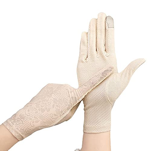 IAMZHL Summer Women Sexy Lace Sun Protection Sunscreen Outdoor Drive Cycling Touch Screen Anti-UV Mesh Breathable Thin Ice Silk Gloves - apricot,23cmx8.5cm