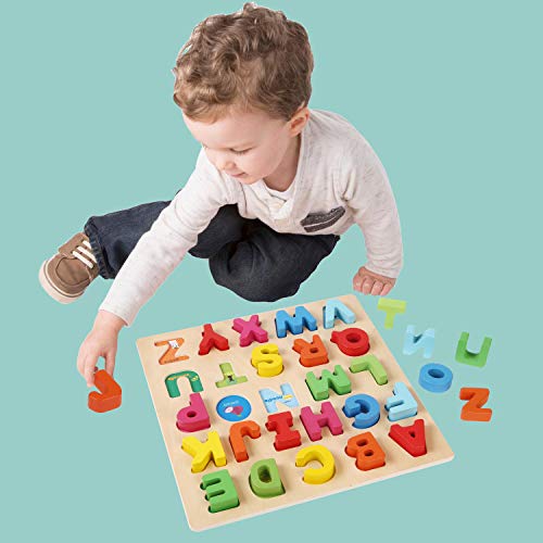 Jacootoys Alfabeto Puzzle de Madera ABC Tablero de Rompecabezas Grueso Aprendizaje Temprano Juguetes Educativos Regalo para Niños