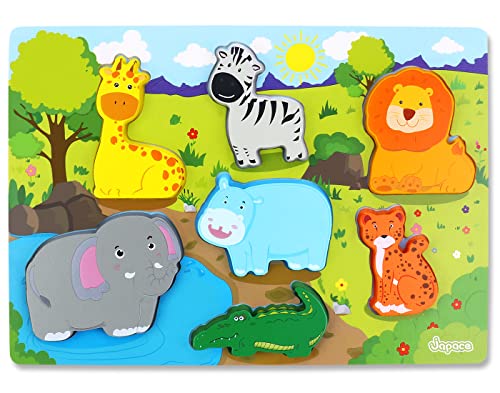 Japace Puzzle de Madera de Animales de Safari, Juguetes Puzzle Niños 1 2 3 Años, Juego de Rompecabezas Educativo Preescolar Montessori para Regalos de Niños y Niñas (7piezas)