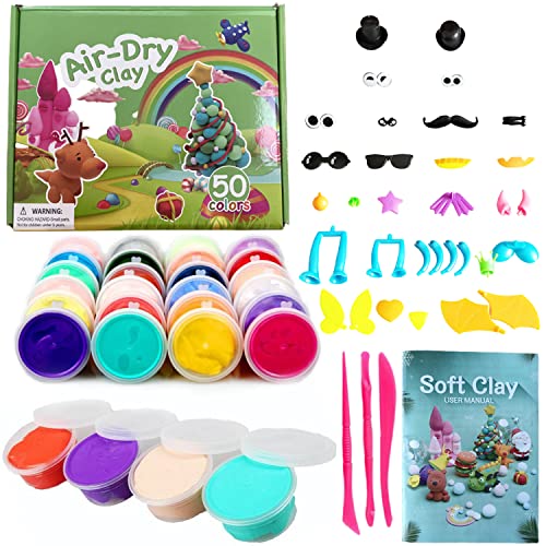 JBSON Kit de Arcilla de Modelado,50 Colores de Arcilla Mágica Seca al Aire,Arcilla de Moldeo con Herramientas,Manualidades Para Niños,El Mejor Regalo Para Niños y Niñas