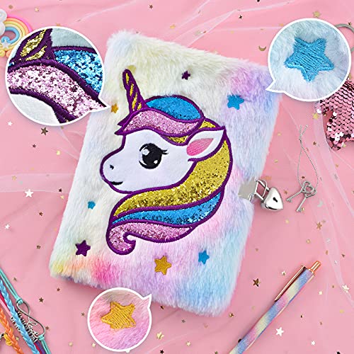 Juego de cuaderno de unicornio de felpa - Blocs mágico para niñas Chicas Diario privado Bordado Bloc de notas Pluma de gel Llaveros Pulseras Cerraduras Llaves