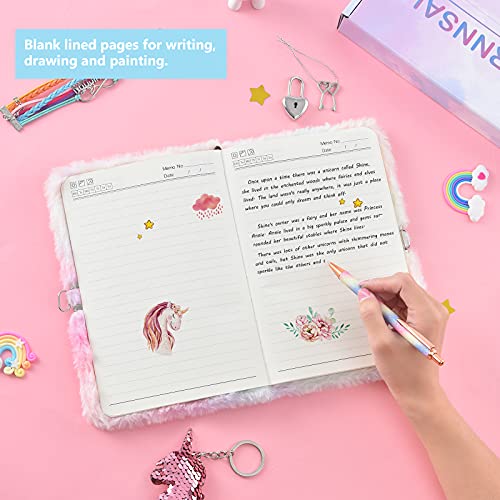 Juego de cuaderno de unicornio de felpa - Blocs mágico para niñas Chicas Diario privado Bordado Bloc de notas Pluma de gel Llaveros Pulseras Cerraduras Llaves