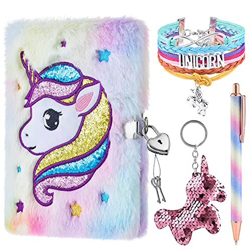 Juego de cuaderno de unicornio de felpa - Blocs mágico para niñas Chicas Diario privado Bordado Bloc de notas Pluma de gel Llaveros Pulseras Cerraduras Llaves