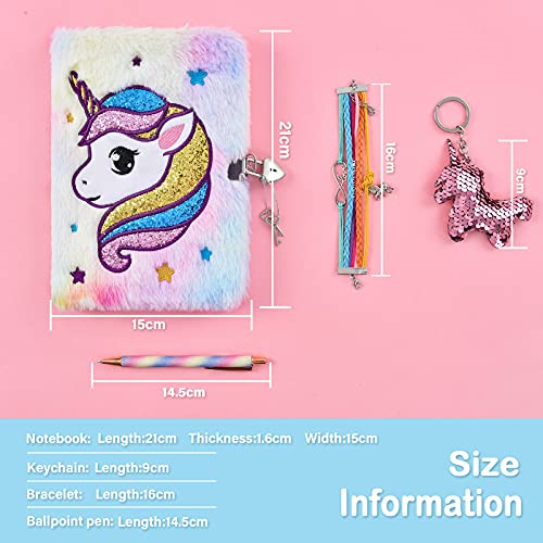 Juego de cuaderno de unicornio de felpa - Blocs mágico para niñas Chicas Diario privado Bordado Bloc de notas Pluma de gel Llaveros Pulseras Cerraduras Llaves