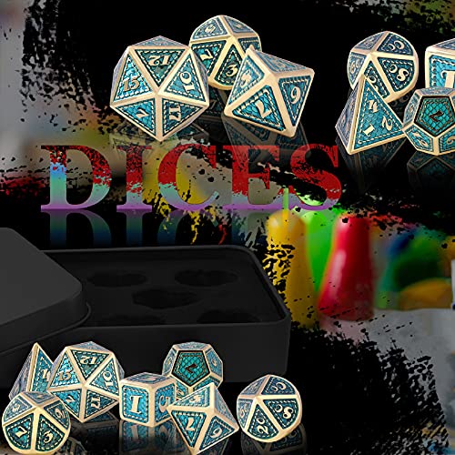 Juego de Dados de rol, Poliédricos Dice de Metal Set de Dados D&D de Juego de rol DND para RPG Dungeons and Dragons Juegos de Mesa Enseñanza de Matemáticas (Imitation Gold - Light Blue)