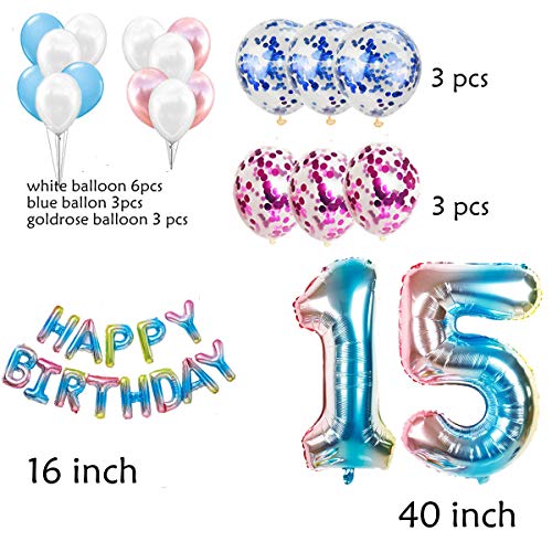 Juego de decoración de cumpleaños para mujeres y hombres, arco iris, decoración de cumpleaños para 15 años, decoración para mujeres, 51 globos con guirnalda Happy Birthday para géneros, Reveal