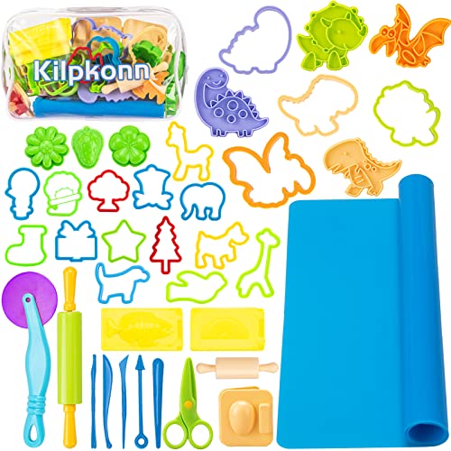 Kilpkonn Accesorios Plastilina, 41 Piezas Moldes para Plastilina, Forma, Tijeras, Rodillo, Tapete para Plastilina con Bolsa de Almacenamiento, Herramientas Plastilina para niños 2 3 4 5 6 años