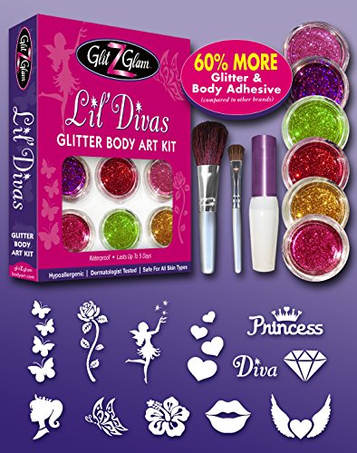 Kit de tatuajes con brillantina: Lil Divas con 6 brillantinas grandes y 12 plantillas para tatuajes temporales reutilizables