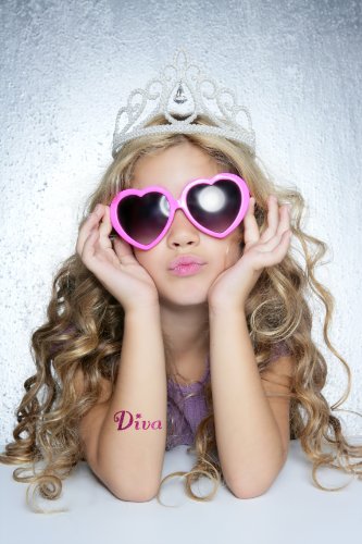 Kit de tatuajes con brillantina: Lil Divas con 6 brillantinas grandes y 12 plantillas para tatuajes temporales reutilizables