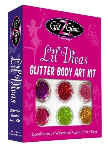 Kit de tatuajes con brillantina: Lil Divas con 6 brillantinas grandes y 12 plantillas para tatuajes temporales reutilizables