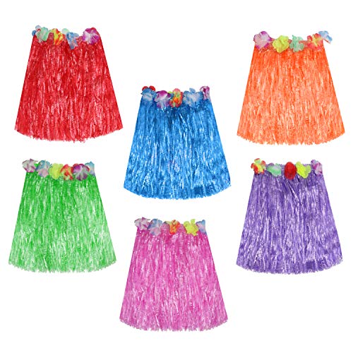 Kurtzy Falda Hawaiana (Paquete de 6) - 42cm Larga Multicolor Paja Hula Faldas con Banda Elástica En La Cintura, Cinta De Cierre de Bucle y Gancho y Flores para Bailarinas, Mujeres, Niñas y Adultos