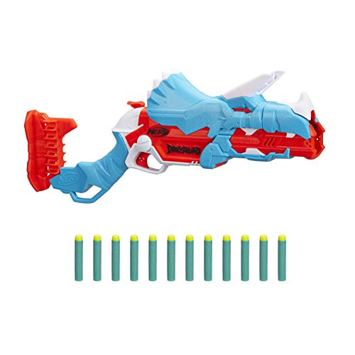 Lanzador Nerf DinoSquad Tricera-Blast, Carga de 3 Dardos con Apertura, 12 Dardos Nerf, Porta-Dardos, diseño de Dinosaurio Triceratops