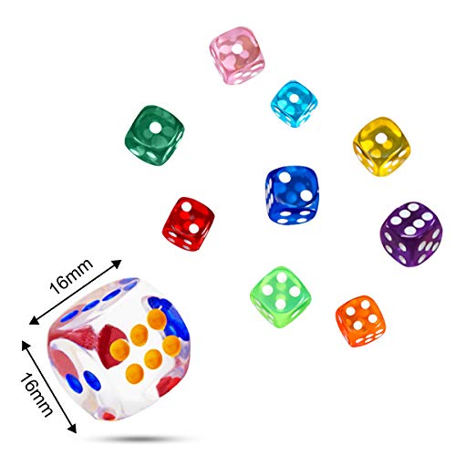 LATTCURE Juego de 6 dados de 6 lados, 100 unidades, 16 mm, de 6 lados, colores translúcidos, acrílico, poliedrico, juego de mesa para juegos y fiestas