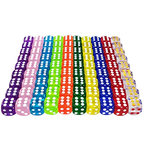 LATTCURE Juego de 6 dados de 6 lados, 100 unidades, 16 mm, de 6 lados, colores translúcidos, acrílico, poliedrico, juego de mesa para juegos y fiestas