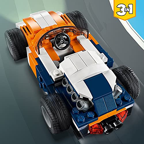 LEGO 31089 Creator 3en1 Deportivo de Competición Sunset o Coche de Carreras o Lancha, Juguete de Construcción para Niños 7 años