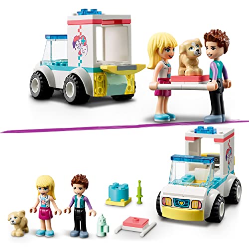 LEGO 41694 Friends Ambulancia de la Clínica de Mascotas, Juego de Veterinaria con Mini Muñeca Stephanie, Animales de Juguete para Niños de 4 Años