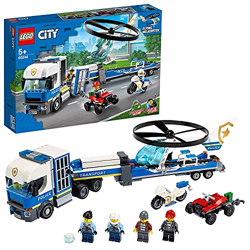 LEGO 60244 City Policía: Camión de Transporte del Helicóptero, Set de Construcción para Niños 5 años