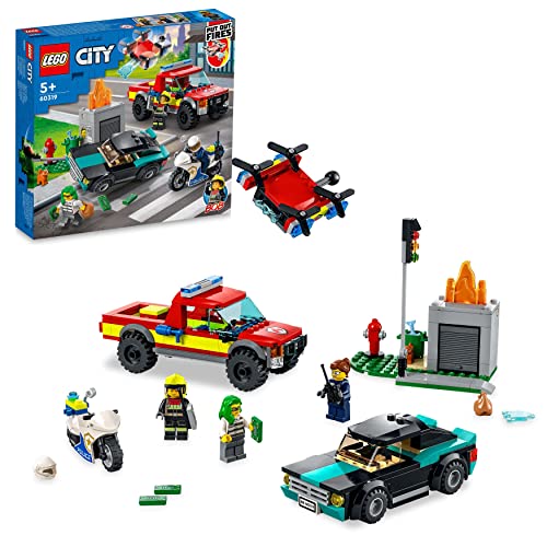 LEGO 60319 City Rescate de Bomberos y Persecución Policial, Juguete para Niños 5 Años, Set de Vehículos de Emergencia