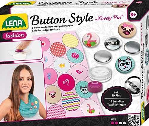 Lena 42564 - Broche de Estilo Artesanal con 10 Botones de Metal, Herramientas, 14 Plantillas Textiles con diseños y Animales, Juego de Moda para niños a Partir de 8 años