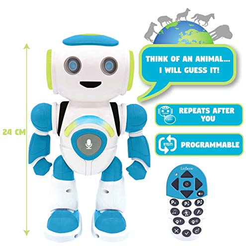 LEXIBOOK ROB20EN Powerman Jr. Smart Interactive Leads in The Mind-Toy para niños, Bailes de música, Examen Animal, programable con Stem y Mando a Distancia Boy Robot-Verde/Azul