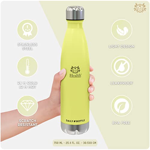 LG Luxury & Grace Botella de Agua en Acero Inoxidable 750 ml. Botella Térmica sin BPA para Bebidas Frías y Calientes. Cantimplora de Doble Pared y Cierre Hermético. Funda de Neopreno + Mosquetón.