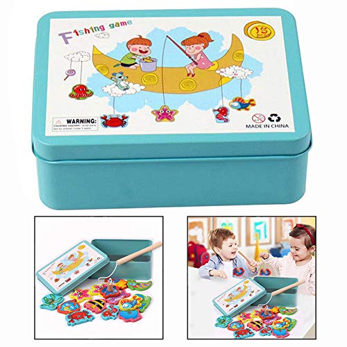 LHKJ Juego de Pesca de Magnético de Madera con Caja, 3D Puzzles de Pesca Madera para Niños