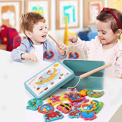 LHKJ Juego de Pesca de Magnético de Madera con Caja, 3D Puzzles de Pesca Madera para Niños