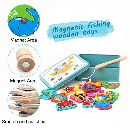 LHKJ Juego de Pesca de Magnético de Madera con Caja, 3D Puzzles de Pesca Madera para Niños