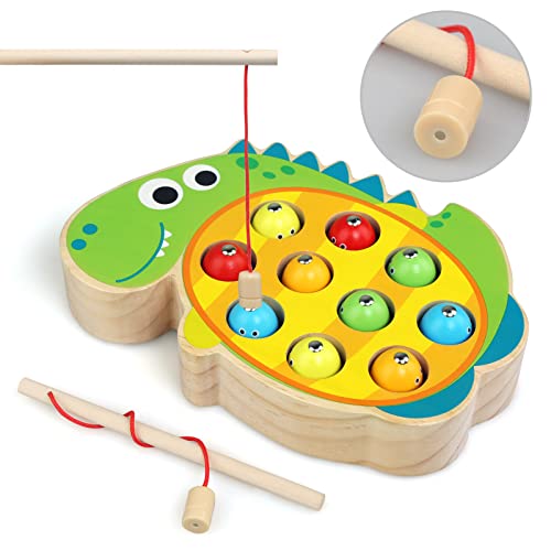 LinStyle Juego De Pescar para Niños, Dinosaurio Juguetes de Madera para Pescar, Juguete de Pesca Magnético Montessori, Juguete Educativo Regalo para Niños Pequeños a Partir de 2 5 años