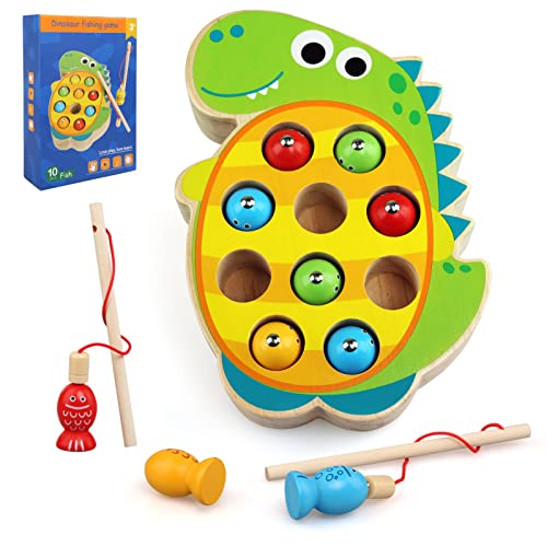 LinStyle Juego De Pescar para Niños, Dinosaurio Juguetes de Madera para Pescar, Juguete de Pesca Magnético Montessori, Juguete Educativo Regalo para Niños Pequeños a Partir de 2 5 años