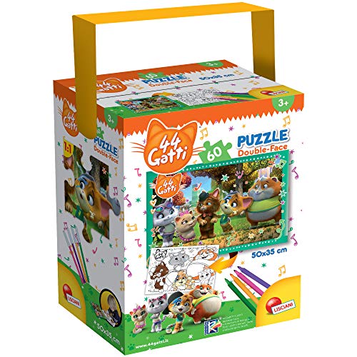 Lisciani - Puzzle in a Tub Doble Cara con Reverso para Colorear 24 Piezas con 4 rotuladores incluidos 44 Gatos - Puzle para niños a partir de 3 años (76604)