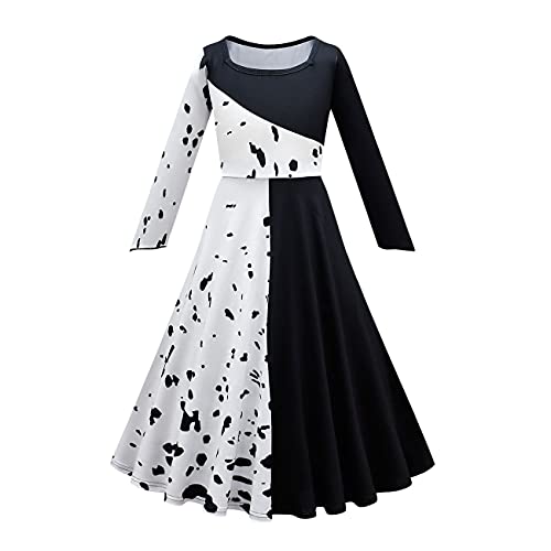 Lito Angels Disfraz de Cruella con Capa, Vestido de Lunares Dálmatas en Blanco y Negro para Niñas, Talla 9-10 años