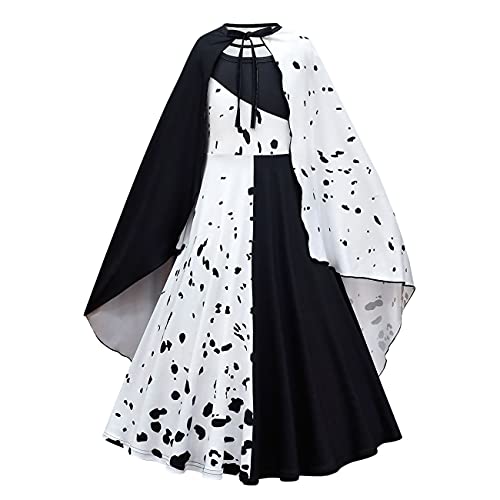 Lito Angels Disfraz de Cruella con Capa, Vestido de Lunares Dálmatas en Blanco y Negro para Niñas, Talla 9-10 años