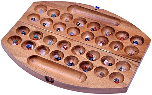 LOGOPLAY Bao - Hus - Kalaha - Ovalado de 35 cm de Largo - Juego de Frijoles/Juego de Conchas/Juego de Piedras Preciosas - Hecho de Madera de Samena